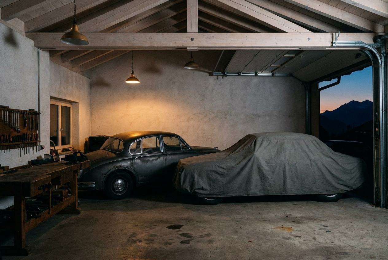 Vereinsgarage am Abend mit Holzbalken, Werkbank und abgedecktem Fahrzeug