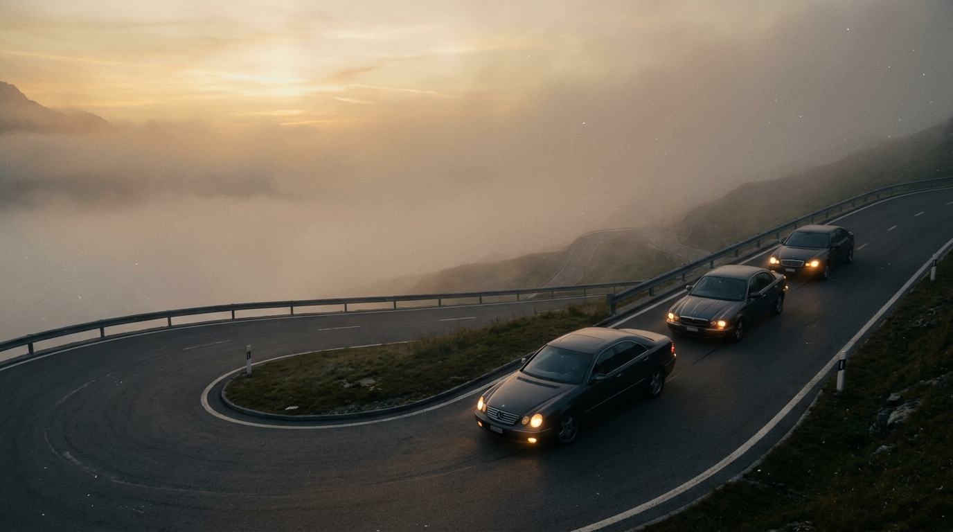 Ältere Limousinen auf einer Passstrasse im Abendlicht