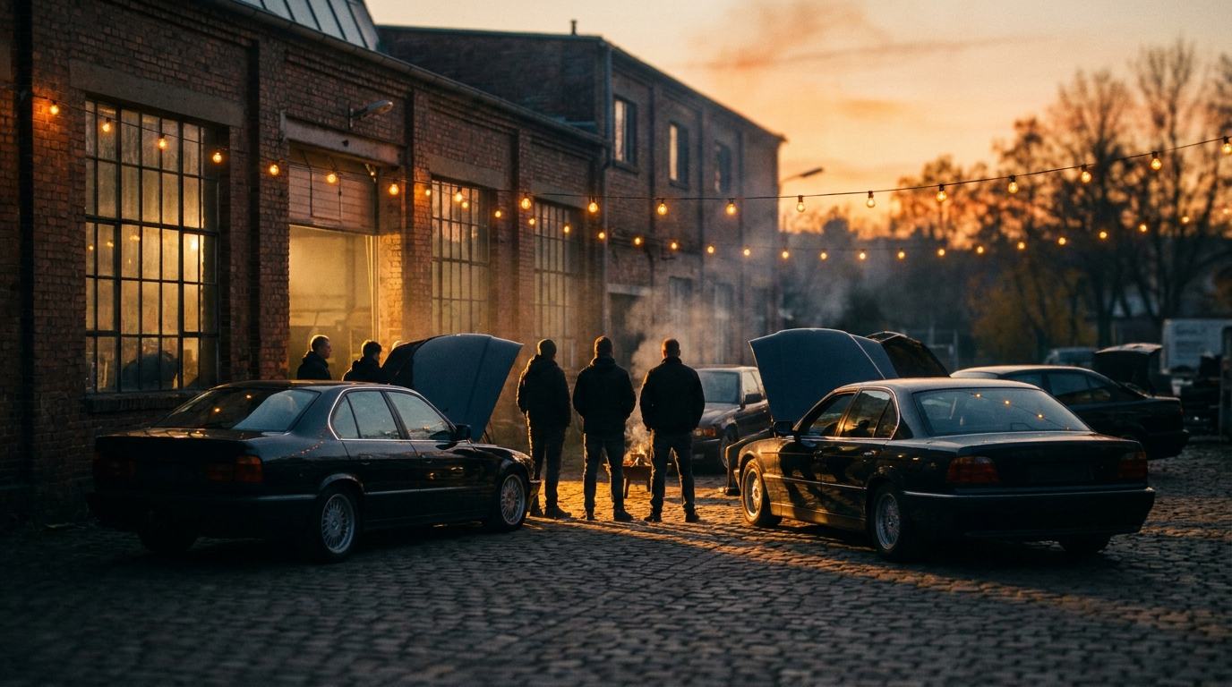 Abendliches Clubtreffen vor einer alten Werkstatt