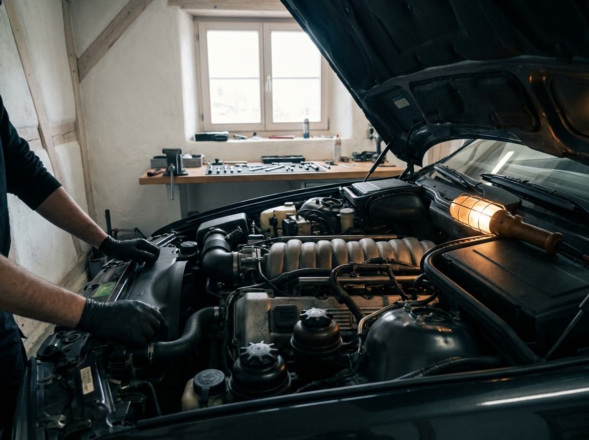 Arbeit am offenen Motorraum eines Achtzylinders in einer aufgeräumten Werkstatt